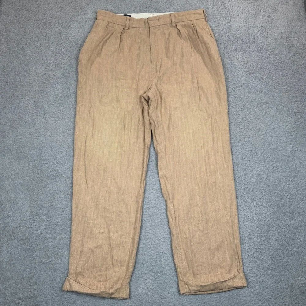 Vintage Polo Ralph Lauren Mens 35x32 Tan Herringbone Linen Cotton Pleated Cuffed